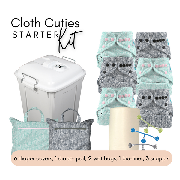 Cloth Cuties Starter Kit with 6 diaper covers, 1 diaper pail, 2 wet bags, 1 bio line, and 3 snappis. Pictures Navy Planta and Planta.